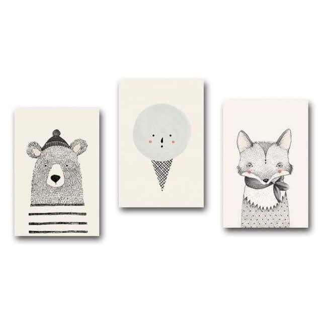 Bears Foxes & Ice-Cream - Canvas Art Series - 20X30 Cm (8X12 Inches) / 3 Piece Set